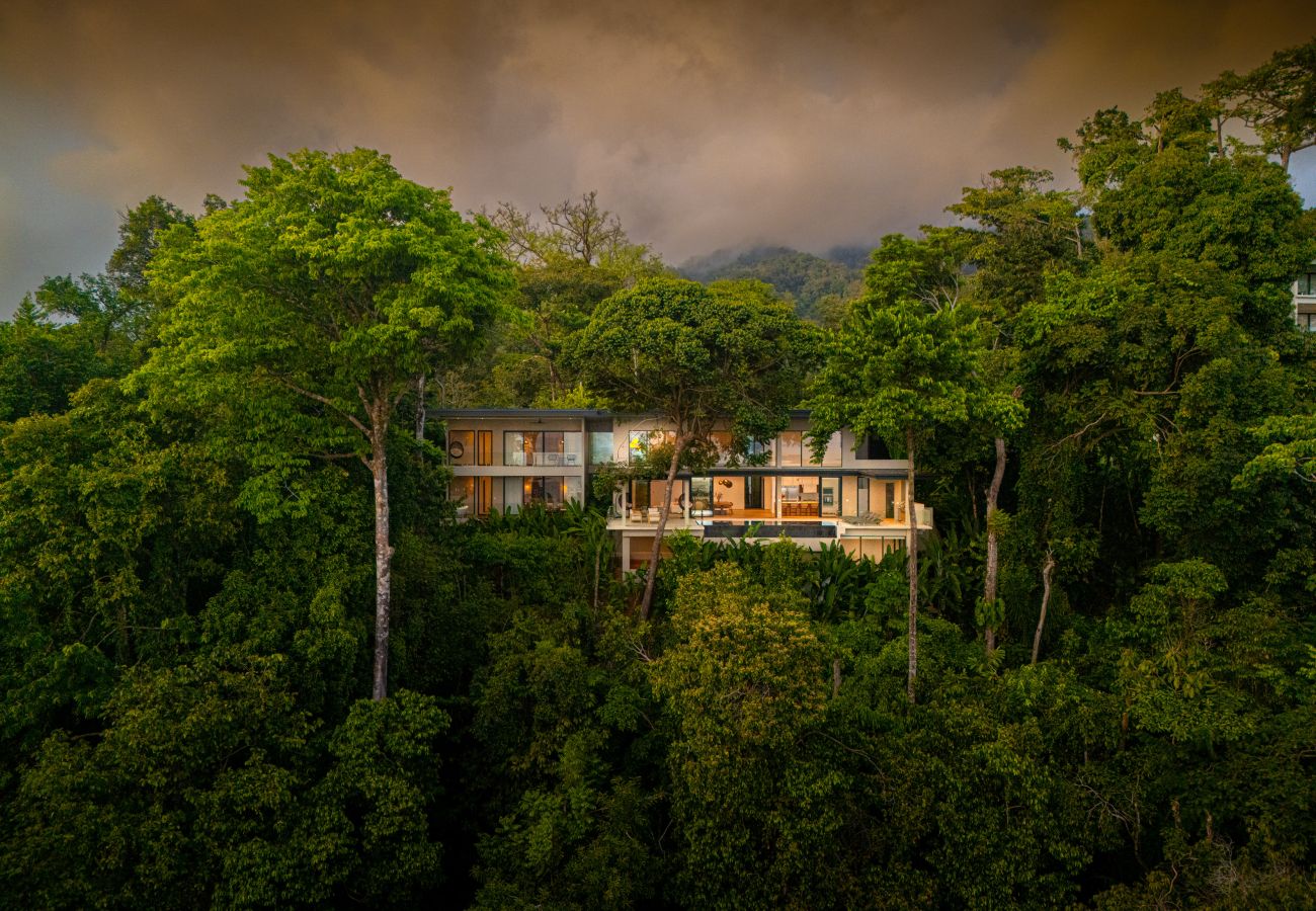 Modern villa exterior surrounded by tropical forest